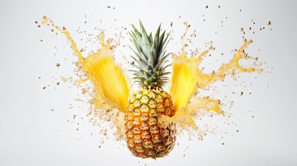 Flying delicious fresh pineapple in color splash on white background, veggie, fruit.