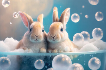 Two cute rabbits in transparent bathtub with bubbles. Generative AI