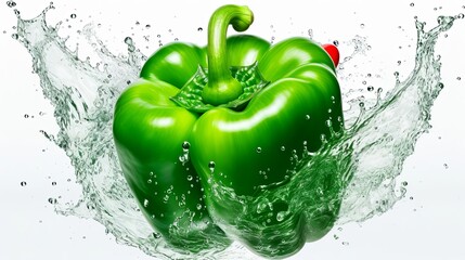 Flying delicious fresh bell peppers, isolated on white background with water color explosion,...