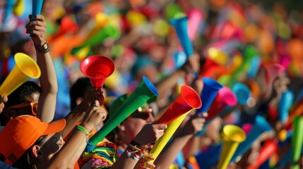 A vibrant crowd of people enthusiastically raising colorful plastic cups in celebration