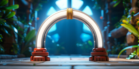Gaming Concept. Glowing arch portal in a jungle cave.
