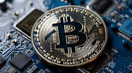 Fototapeta na wymiar Bitcoin coin crypto currency with copy space or text area. digital blockchain market concept