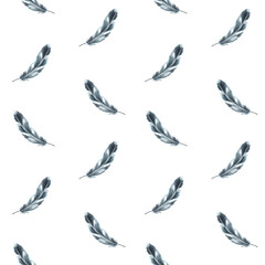 Watercolor seamless pattern with monochrome bird feather grey black color with granulation of shades, ornaments. Quills wings drawing illustration. Wallpaper wrapping fabric Isolated white background