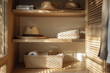 Fototapeta na wymiar Warm sunlight on woven storage filled with towels and hats