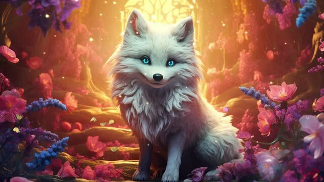 Curious fox in the enchanted forest Seamless looping 4k time-lapse virtual video animation background. Generated AI