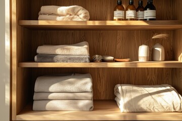 Fototapeta na wymiar Warm sunlight bathes a neat wooden cabinet with towels and bath accessories