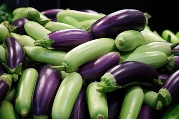 A pile of fresh eggplants alongside green chayotes, showcased at a market. Fresh Eggplants and Chayotes in Market Display