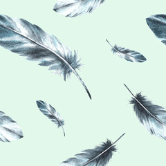 Watercolor seamless pattern. Monochrome gray black bird feathers with granulation of shades, ornaments Quills wings drawing illustration Wallpaper wrapping fabric Isolated light coloured background