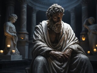 Obraz premium Mysterious ancient greek, roman male stoic statue, sculpture in dramatic lighting, shadows highlighting the impressive muscular build and classical beauty. 