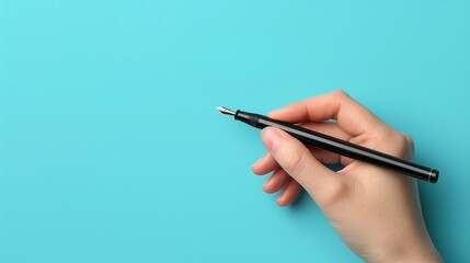 A hand holding a pen with top view against a clean blue backdrop with a big space for text or product, Generative AI. - obrazy, fototapety, plakaty