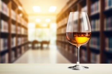 A sophisticated glass of amber wine captures the lights of a library interior, creating a reflective mood. Elegant Wine Reflection in Library Ambience