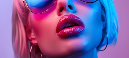 Vintage style  woman in sunglasses with pop art background in 60s 70s disco club culture