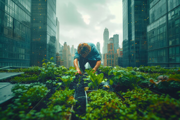 Middle-aged man cultivating in his urban garden with skyscrapers in the background - obrazy, fototapety, plakaty