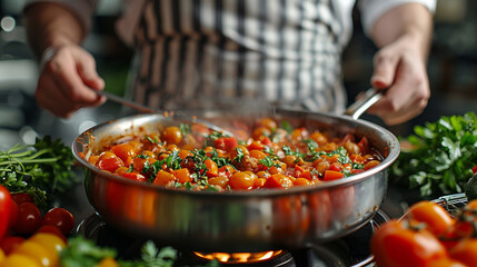 Person Cooking Food in a Pan on Stove