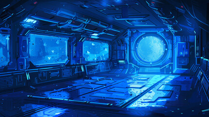 宇宙船の船内　青く輝くサイバーテックな光
