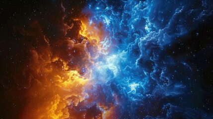 Obraz premium Fire in the Sky. Nebula Space, Blue and Orange light Glowing Smoke, Dramatic Sky, Colorful fantasy Background.