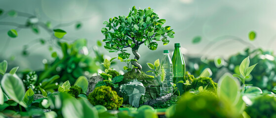 A tree is surrounded by green plants and a bottles. Concept of the impact of a sustainable brand