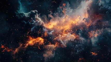 Fire in the Sky. Nebula Space, Blue and Orange light Glowing Smoke, Dramatic Sky, Colorful fantasy...