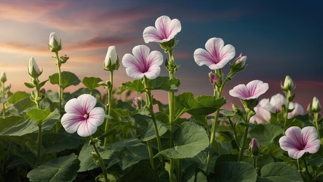 The mallow plant,  pink and white flowers, Marshmallow leaves and flowers, Medicine plant wallpaper, pink and white flowers, Marshmallow flower in garden. Althaea officinalis	
