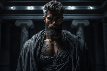 Obraz premium Mysterious ancient greek, roman male stoic statue, sculpture in dramatic lighting, shadows highlighting the impressive muscular build and classical beauty. 