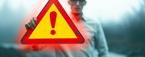 Conceptual image of a person holding a floating exclamation mark in a warning triangle, symbolizing caution, alertness, and attention to danger