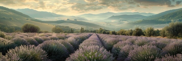 Panoramic lavender field in full bloom, against a backdrop of majestic mountains under a clear blue...