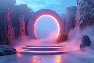 Neon Lighting Circle Podium. Empty Stage with Marble Wall, Blue and Purple Gradient Lights, Futuristic Modern Background