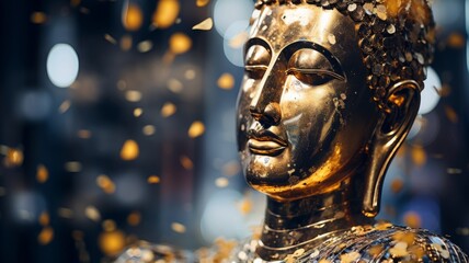 Metallic Buddha statue in the temple with bokeh light and garden background.