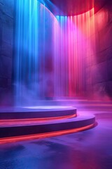 Neon Lighting Circle Podium. Blue and Purple Gradient Marble Wall, Studio Spotlight Showcase for Fashion and Tech Products, Modern Stage Background