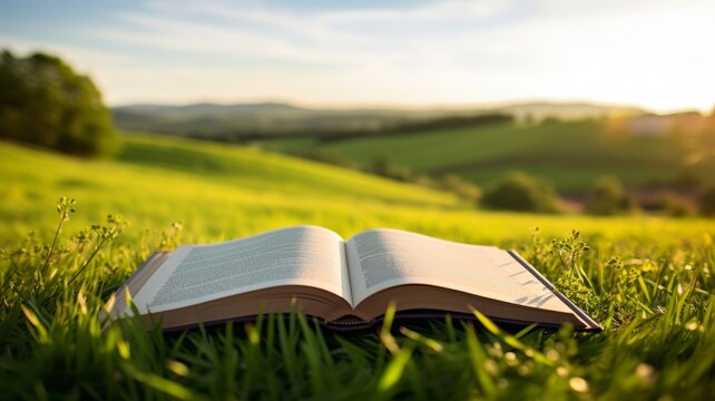 A book is open on a grassy field