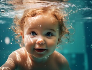 Fototapeta na wymiar A baby is swimming in the water with bubbles around him