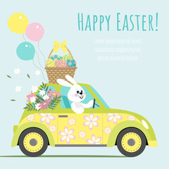 A cheerful hare is driving a car. Easter illustration. Happy easter.