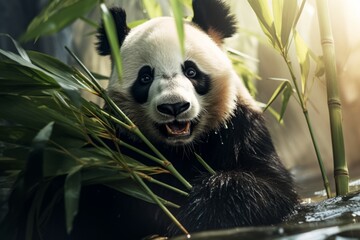 Giant panda eating bamboo in the bamboo forest background.