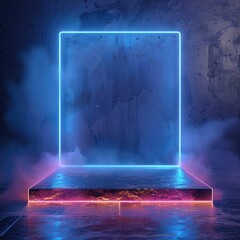 Neon Lighting Podium. Square Shape Blue Glow, Empty Stage with Marble Wall, Futuristic Modern Background