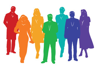 Obraz premium Group of people, silhouettes of men and women, passers-by, ladies and gentlemen, office workers, businessmen, business people. Colorful vector illustration. 