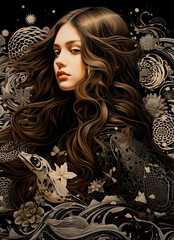 Artistic illustration of a woman with long hair and a turtle. Delicate thin lines and smooth curves in the design. A unique and creative drawing style that conveys beauty and nature.