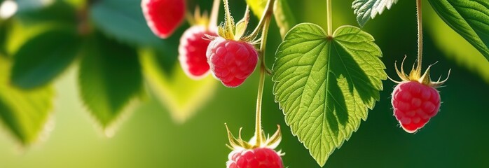 Bright red raspberries with juicy leaves with sunlight, banner