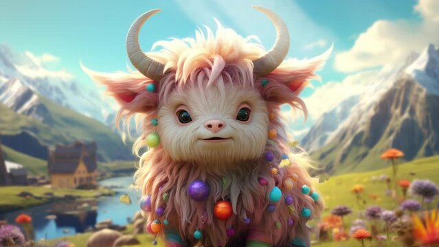 Joyful yak basking in the sunny day landscape  Seamless looping 4k time-lapse virtual video animation background. Generated AI