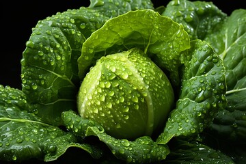 a head of cabbage with water droplets on it - obrazy, fototapety, plakaty