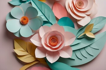 Paper craft Flower Decoration Concept, Flowers and leaves made of paper, pastel colors