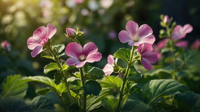 The mallow plant,  pink and white flowers, Marshmallow leaves and flowers, Medicine plant wallpaper, pink and white flowers, Marshmallow flower in garden. Althaea officinalis	
