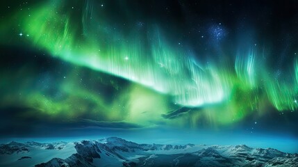 Northern Lights Aurora Borealis Landscape. Dramatic Sky, Snowy Mountains, Green Lights Reflecting on Lake Water, Beautiful Background