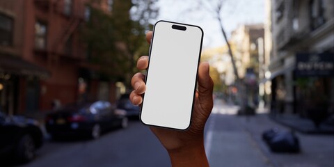 Black African-American hand displays a modern smartphone with a blank screen 