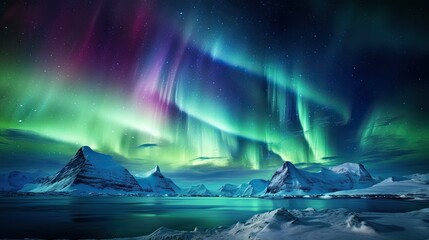 Northern Lights Aurora Borealis Landscape. Dramatic Sky, Snowy Mountains, Green Lights Reflecting on Lake Water, Beautiful Background