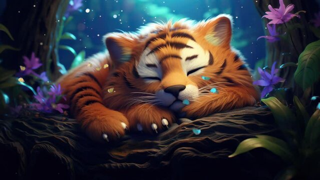 Regal Rest: Cute Fluffy Tiger Slumbers in the Majesty of the Magical Forest
 Seamless looping 4k time-lapse virtual video animation background. Generated AI