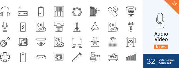 Obraz na płótnie Canvas Set of 32 Audio and Video web icons in line style. Audio, video, icon, thin, line, flat. Vector illustration.