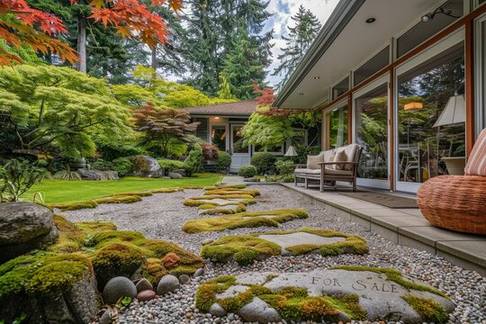 A serene garden where boulders are draped in vibrant green moss, creating a tranquil and mystical atmosphere
