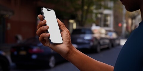 Black African-American hand displays a modern smartphone with a blank screen  - 758814137