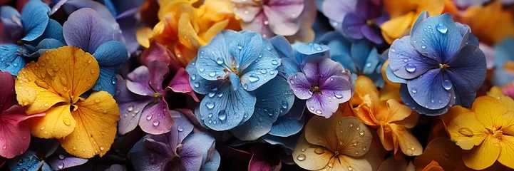  Multicolored hydrangea flowers glisten with morning dew, showcasing natures vivid hues © nnattalli