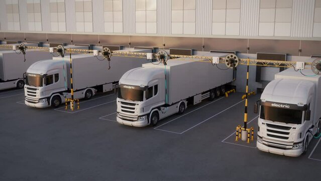 Generic electric semi trucks with cargo trailer charging at loading docks of a warehouse or logistic center. Decarbonisation and sustainable business concept. Realistic 3d animation rendering